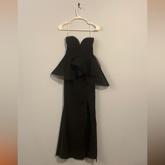 NWT L'ATISTE By Amy Womens Size S Mesh Peplum Strapless Maxi Black Tulip Dress - Picture 2 of 10